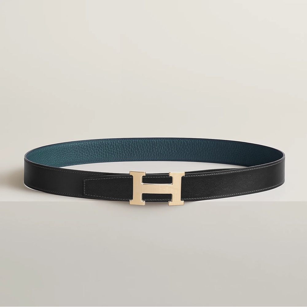 Hermes “H” Belt 46” Black/Blue Leather Reversible